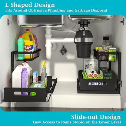2-Tier Storage Shelf Spice Rack for Kitchen Bathroom Drawer Organization, Black