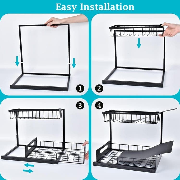 2-Tier Storage Shelf Spice Rack for Kitchen Bathroom Drawer Organization, Black