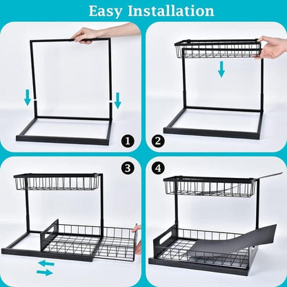 2-Tier Storage Shelf Spice Rack for Kitchen Bathroom Drawer Organization, Black