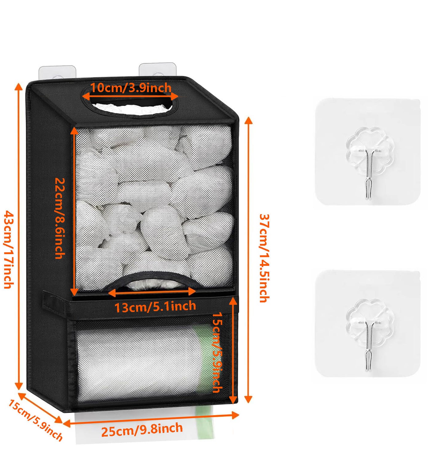 2-in-1 Black Kitchen Plastic Bag & Trash Bag Roll Dispenser - Hanging Grocery & Produce Bag Organizer (17.5x9.9x5.8 inch)