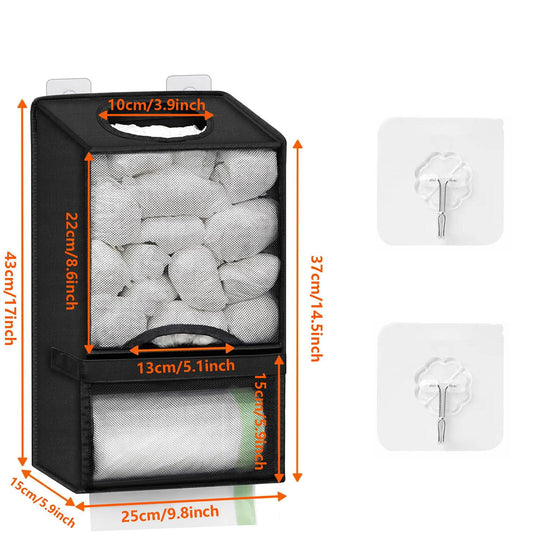 Black 2-in-1 bag and trash roll dispenser, top handle, two storage compartments