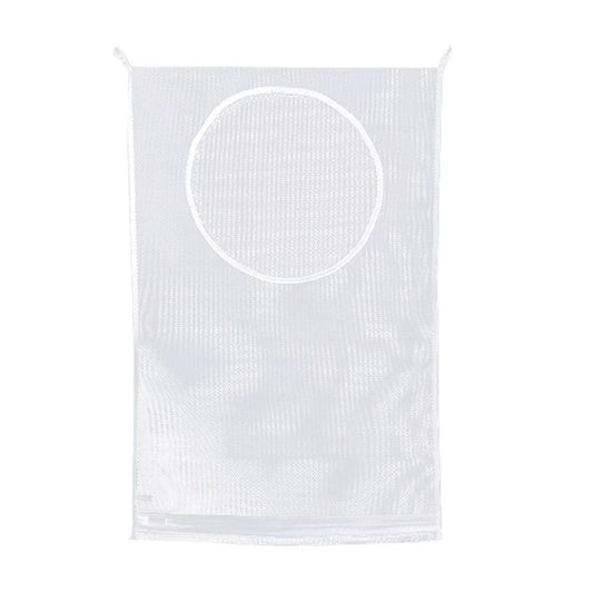 White wall-hanging laundry hamper bag with circular front opening and top loops