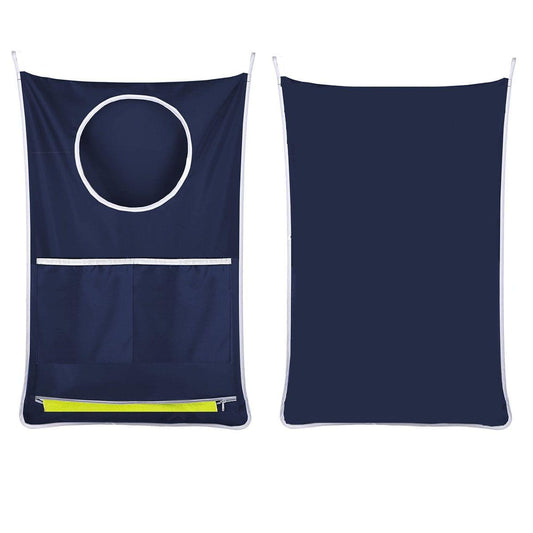 Navy hanging laundry hamper bag with top loop, front pocket, and zip storage panel