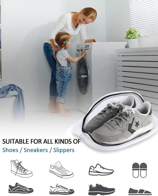 Mesh shoe wash bag with black zipper, showing gray sneakers inside