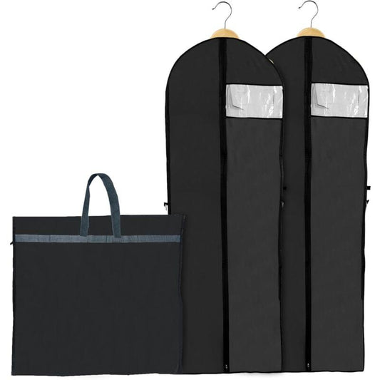 Pair of black garment covers with hangers and clear top windows; includes storage bag