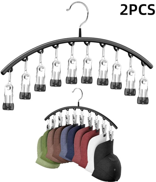 Black 2-piece hat rack with arched hangers and multiple clips for hats and socks