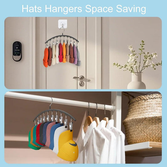 Black hat hanger with clips holding multiple hats on a wardrobe door hook