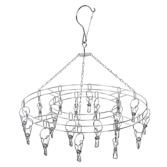 Stainless steel circular drying rack with clothespin clips and top suspension hook