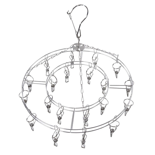Round stainless steel clip hanger with multiple clothespins arranged on wire rings