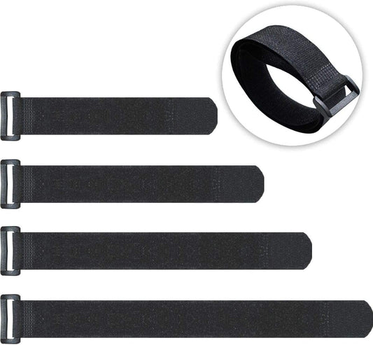 Black cinch straps with metal buckle tabs and woven loop-and-hook surface