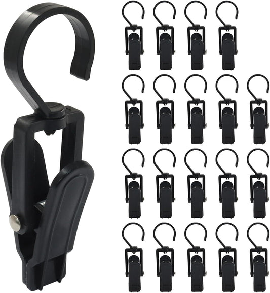 Black plastic swivel hanging hooks with clothespin-style clips, 20 pack set