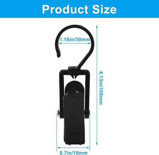 Black rotating hanging hook clip with loop, size diagram shown