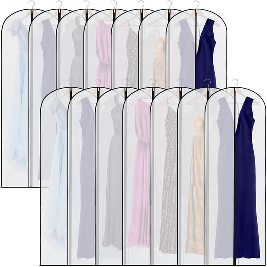 Set of clear hanging garment storage bags on metal hangers