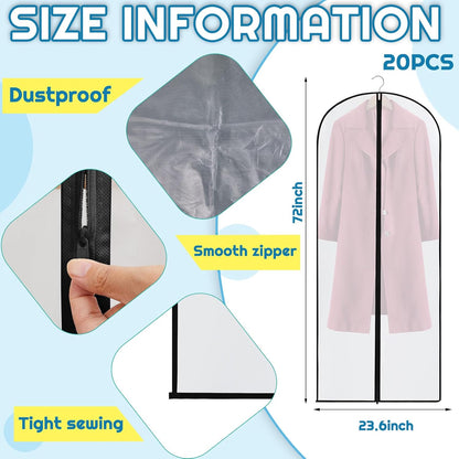 20 Pcs 24 x 72 Inch Garment Bags Bulk Hanging Clothes Storage Covers for Closet Organization Dustproof Transparent Dress Suit Bag Set Wedding Dresses Long Gowns Coats Seasonal Wardrobe White Black