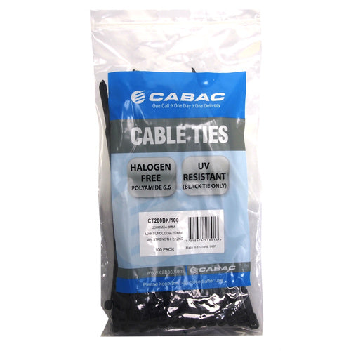 CABAC Releasable Cable Ties – 200mm x 4.8mm, UV-Stabilised Black Nylon, Packet of 100 | TC200BK | Heavy-Duty, Reusable, Outdoor-Grade