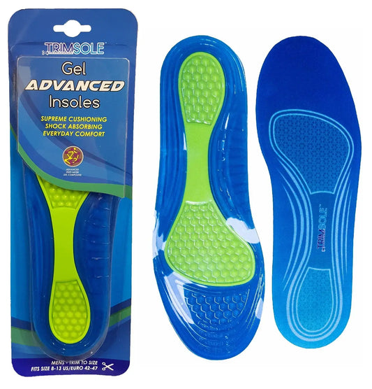 TRIMSOLE gel advanced insoles with blue base and green textured heel and arch