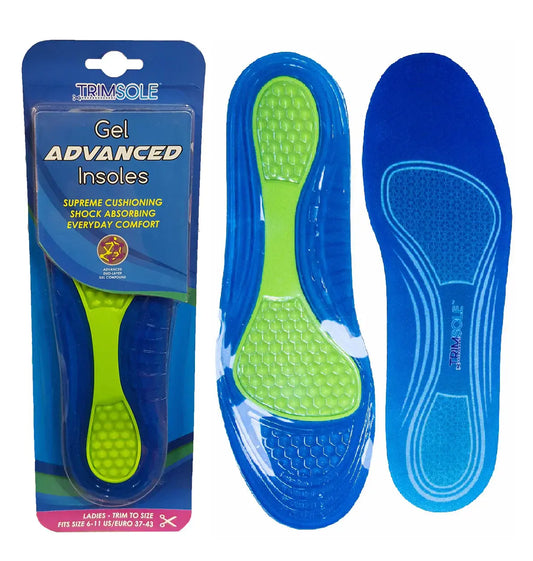 TRIMSOLE gel advanced insoles package with blue pair, green footbed and arch support