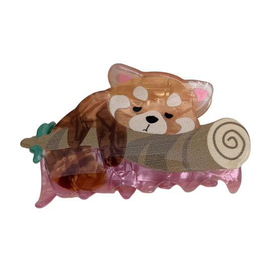 Acetate cartoon raccoon hair claw clip with pink ruffled transparent teeth