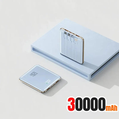 White mini power bank with built-in cable ports, 30000 mAh