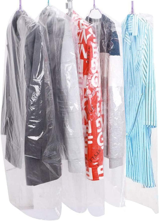 Clear plastic garment bags with hanging tabs, dustproof storage covers for suits