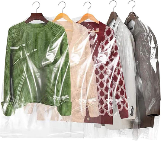 Clear plastic garment covers on hangers for storing sweaters and coats