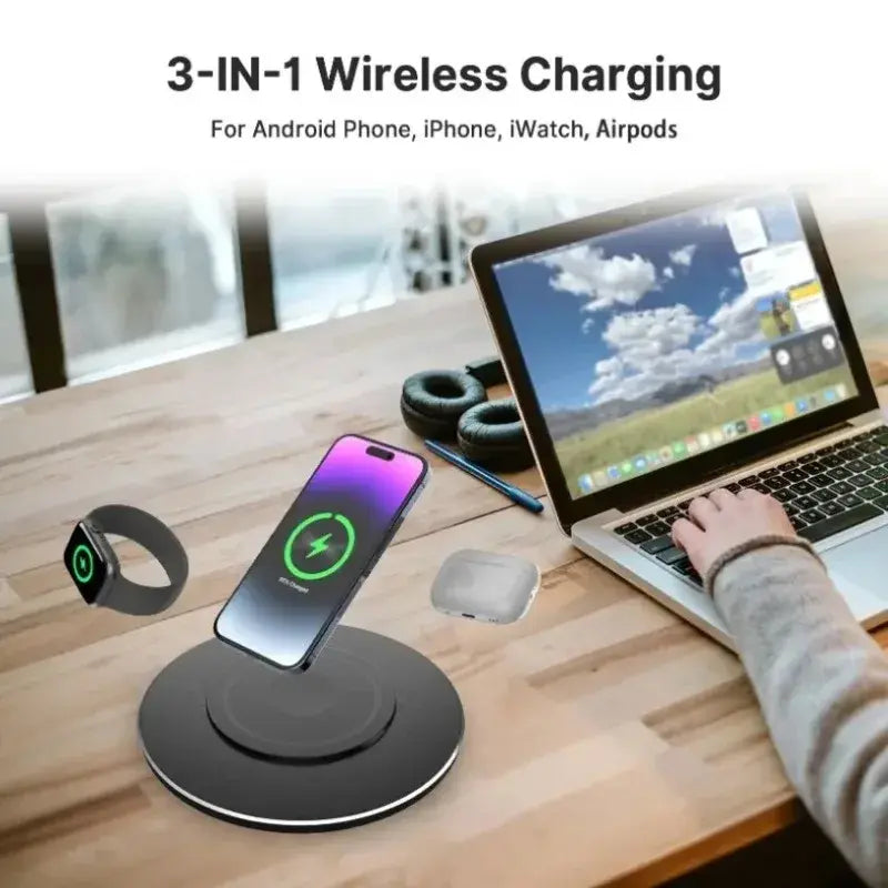 Black wireless charging pad with LED charging ring and phone on top.