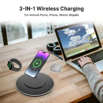 Black wireless charging pad with LED charging ring and phone on top.