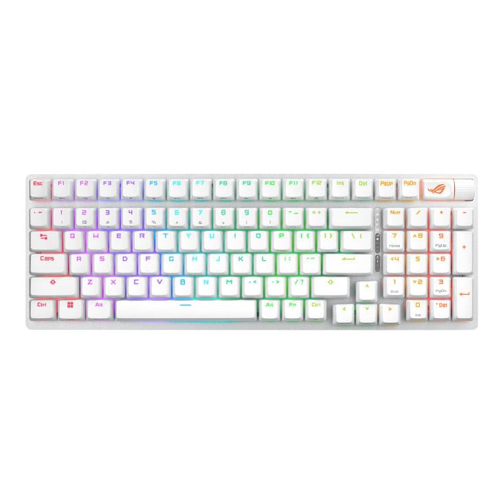 White 96-key gaming keyboard with RGB backlit keys and keycaps