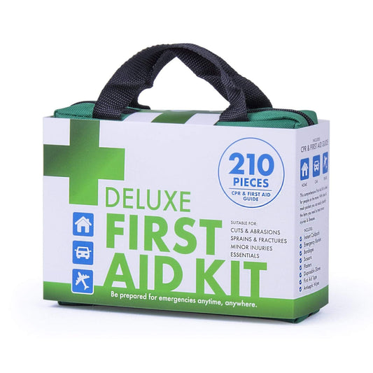 Deluxe first aid kit case with handle, green-and-black design, “210 pieces” label