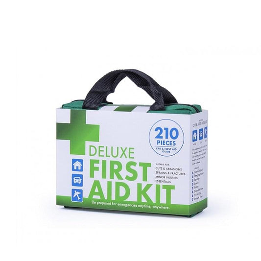 210-piece deluxe first aid kit box with green and blue cross graphic