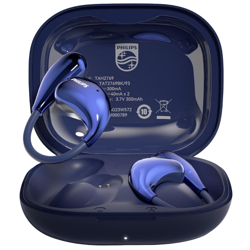 Blue wireless earbuds in open charging case with hanging cable, view from front