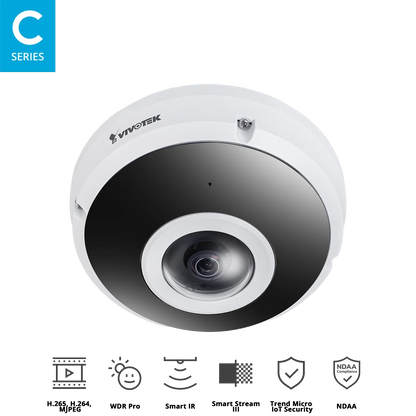 VIVOTEK FE9380-HV 5MP 360° Outdoor Fisheye Network Camera with Smart IR, WDR Pro, Local Dewarping, IP66/IK10, H.265, and Built-in Microphone