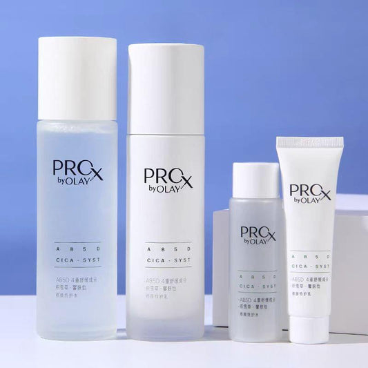Skincare set of PROx by OLAY bottles and tube, Cica System formulas