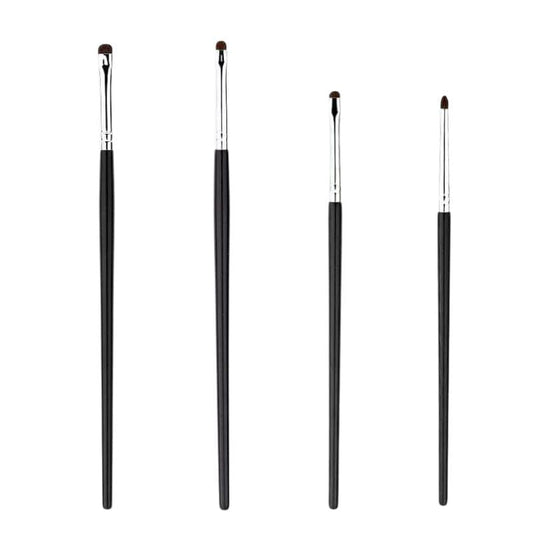 Set of 4 eye detail makeup brushes with black handles, silver ferrules, brown bristles