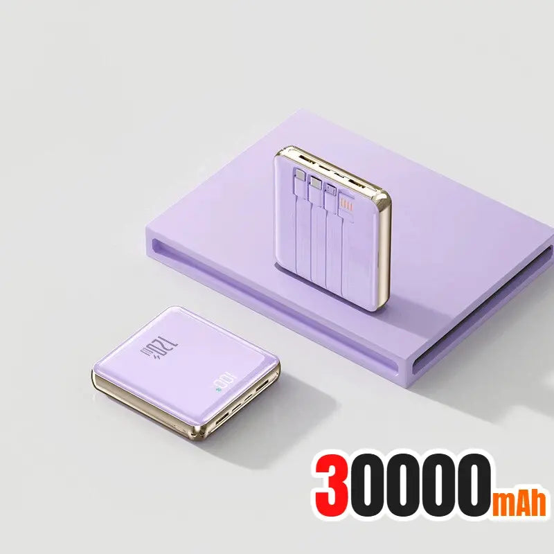 Mini power bank in purple with LED display and built-in charging connectors, slim body