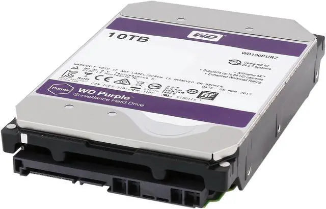 WD Purple 10TB Surveillance Hard Drive | WD101PURP – 3.5” SATA, AI-Optimized, 64-Camera Support, 550TB/Year Workload, 3-Year Warranty