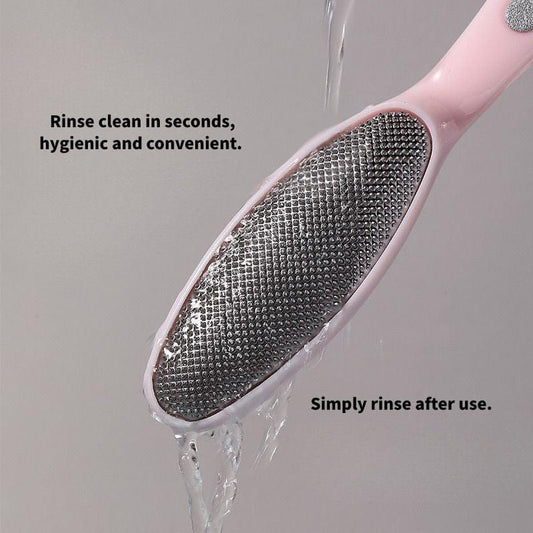 Pink foot file with textured stainless steel oval rasp head and slotted handle