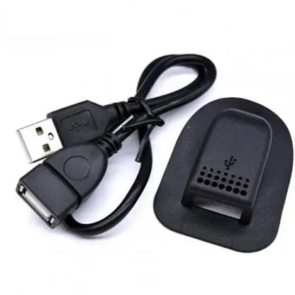USB charging cable with black external interface pad and dual USB ends