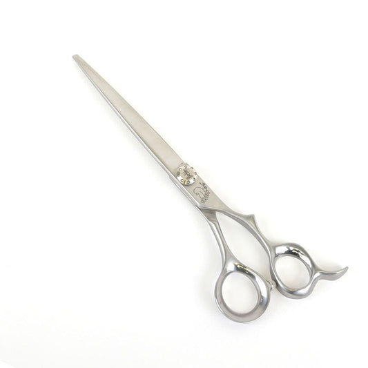 Straight hair cutting scissor with silver tone blades and circular finger holes
