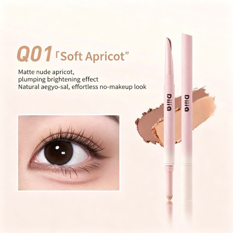 Dual-ended aegyo-sal pencil in soft apricot tone with matching swatch