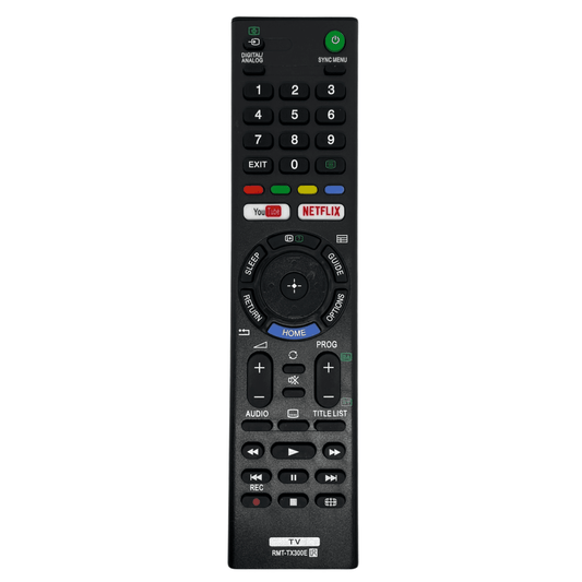 Black TV remote control with numeric keys, central dial, and function buttons