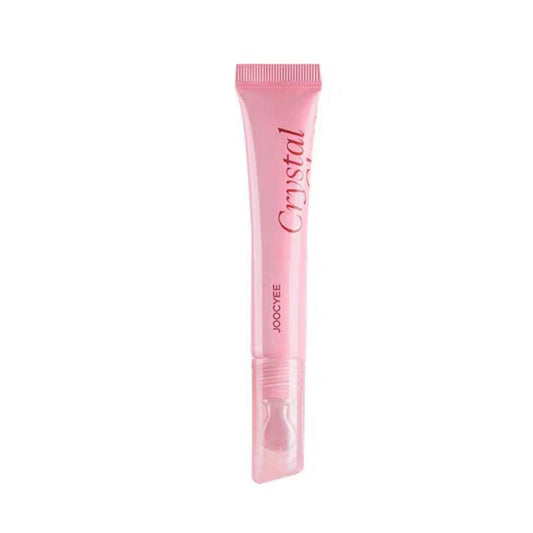 Crystal clear lip gloss tube, pink-tinted transparent gel with ribbed cap
