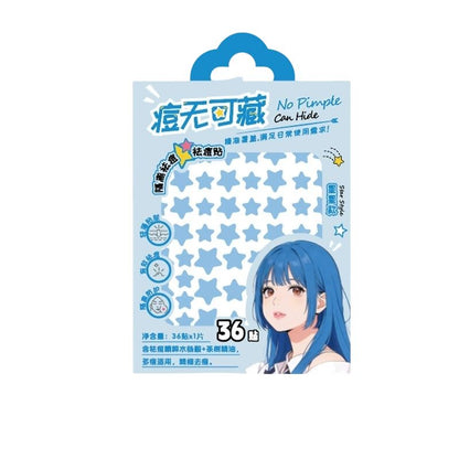 Star-shaped pimple patch stickers (36 count) on a blue package card with star pattern