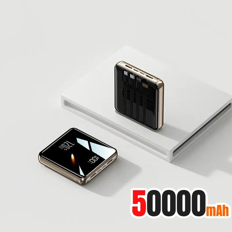 Mini power bank with LED screen and side connector panel, black with gold trim
