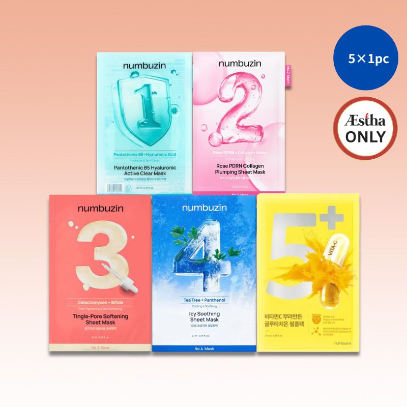 numbuzin 5-pack sheet mask boxes showing No.1, No.2, No.3, No.4, No.5