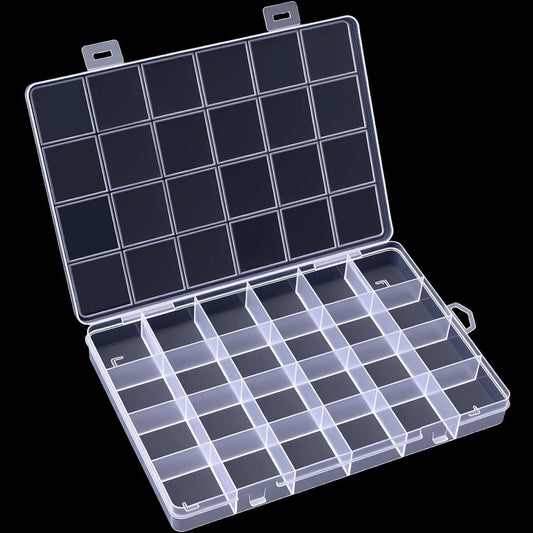 Clear plastic 24-compartment organizer box with fixed dividers and open lid