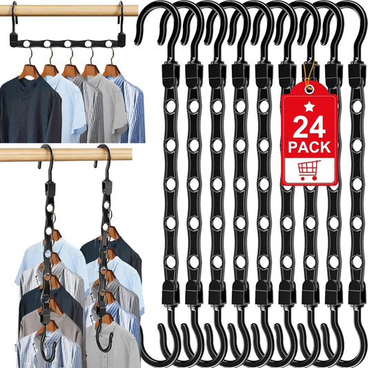 24-pack black plastic garment hangers with curved hook ends and clip bars