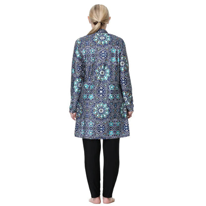 Back view of patterned long-sleeve swim cover-up with full-zip style and black leggings