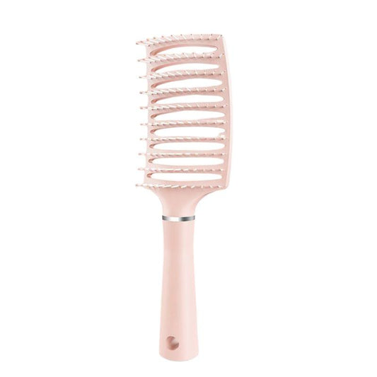 Pink detangling hair brush with white bristle pads and long handle