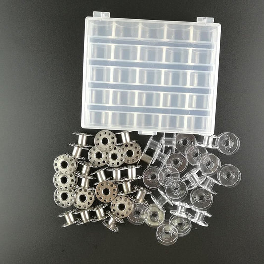 Silver sewing bobbins with clear plastic storage box lid and compartments